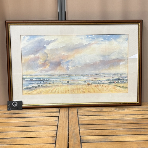 188 - Large Watercolor landscape by Michael Goymour, depicting a serene countryside vista. Soft, warm hues... 