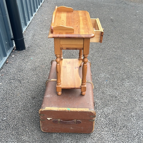 368 - Small pine side table with turned legs and a single drawer together with a Vintage Cane Frame suit c... 