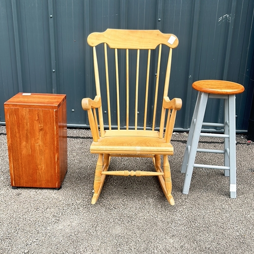 105 - Wooden stool with a round seat and painted legs. Simple, functional design. along with a Large Pine ... 