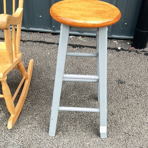 105 - Wooden stool with a round seat and painted legs. Simple, functional design. along with a Large Pine ... 