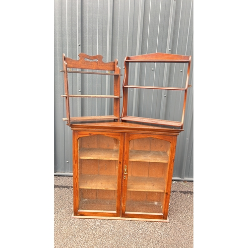 107 - EdwardianWood wall cabinet  features glazed doors and elegant open shelving. and a pair of wall shel... 