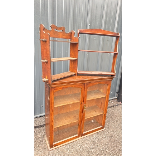 107 - EdwardianWood wall cabinet  features glazed doors and elegant open shelving. and a pair of wall shel... 