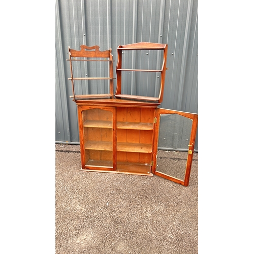 107 - EdwardianWood wall cabinet  features glazed doors and elegant open shelving. and a pair of wall shel... 