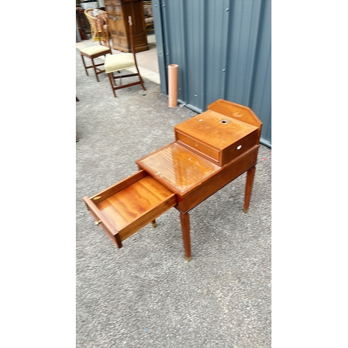 68 - Mid-Century Modern Decca telephone table, mahogany construction, featuring a pull-out drawer.