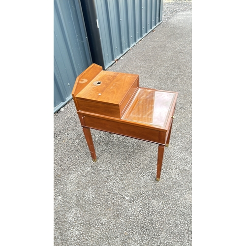 68 - Mid-Century Modern Decca telephone table, mahogany construction, featuring a pull-out drawer.