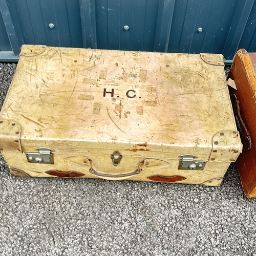 196 - Pair of vintage suitcases, featuring leather straps and metal hardware. One is marked with initials ... 