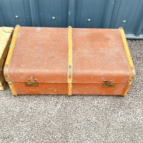 196 - Pair of vintage suitcases, featuring leather straps and metal hardware. One is marked with initials ... 