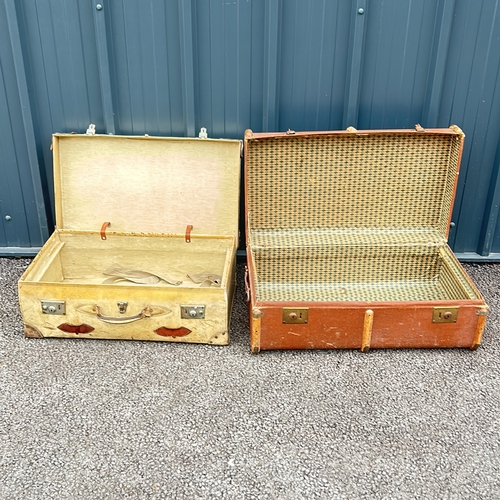 196 - Pair of vintage suitcases, featuring leather straps and metal hardware. One is marked with initials ... 