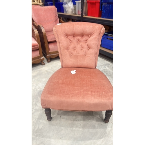 73 - Victorian style upholstered nursing armchair with pink tufted fabric. Features intricately turned wo... 