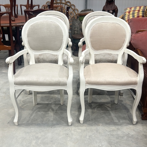 76 - Pair white-painted armchairs with upholstered seats and backs, featuring a classic French design wit... 