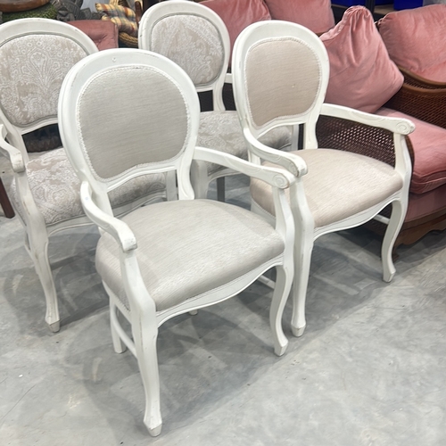 76 - Pair white-painted armchairs with upholstered seats and backs, featuring a classic French design wit... 