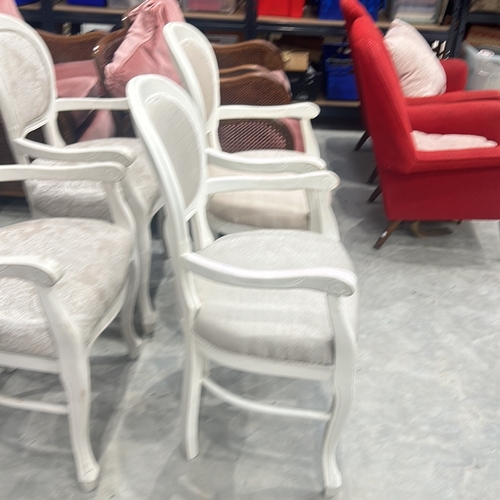 76 - Pair white-painted armchairs with upholstered seats and backs, featuring a classic French design wit... 