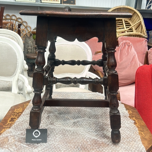 79 - Antique wooden side table, oak, featuring turned legs and stretcher. Victorian period design element... 