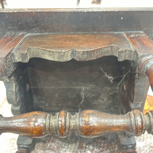 79 - Antique wooden side table, oak, featuring turned legs and stretcher. Victorian period design element... 