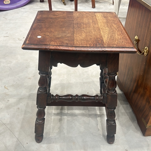 79 - Antique wooden side table, oak, featuring turned legs and stretcher. Victorian period design element... 