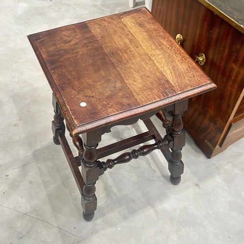 79 - Antique wooden side table, oak, featuring turned legs and stretcher. Victorian period design element... 