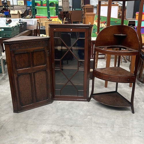 83 - Antique Wooden Corner Wooden Wash stand and two Corner display cabinet set in oak and glass with geo... 