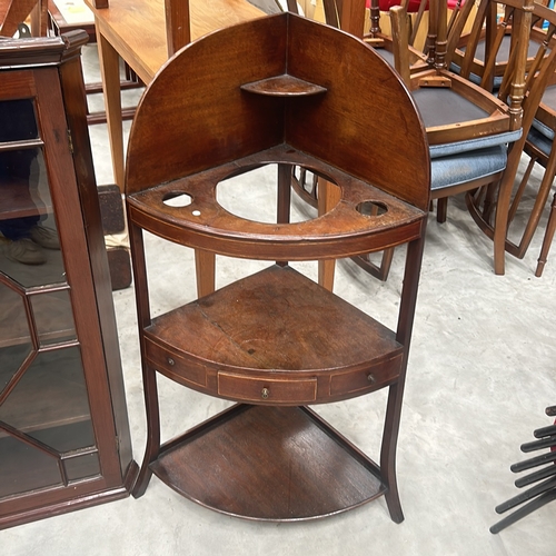 83 - Antique Wooden Corner Wooden Wash stand and two Corner display cabinet set in oak and glass with geo... 