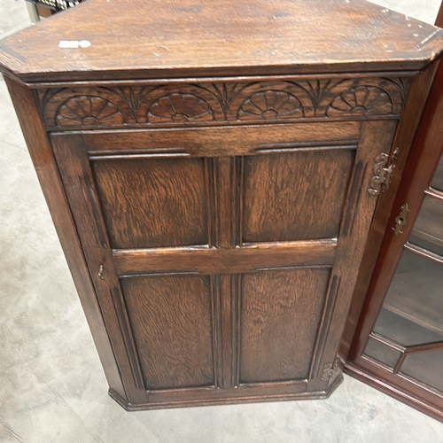 83 - Antique Wooden Corner Wooden Wash stand and two Corner display cabinet set in oak and glass with geo... 