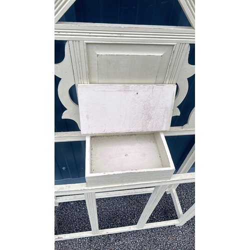 90 - Victorian wooden hall stand with mirror features intricate scrollwork and a distressed cream finish.... 