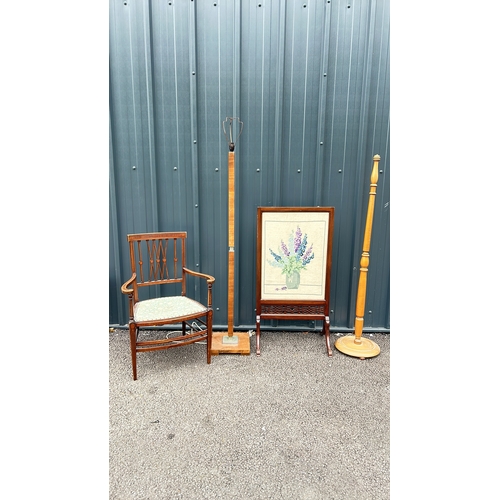 91 - Antique wood chair, vintage floor lamp, and tapestry fire screen. Fire screen features floral cross-... 