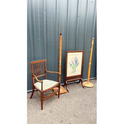 91 - Antique wood chair, vintage floor lamp, and tapestry fire screen. Fire screen features floral cross-... 