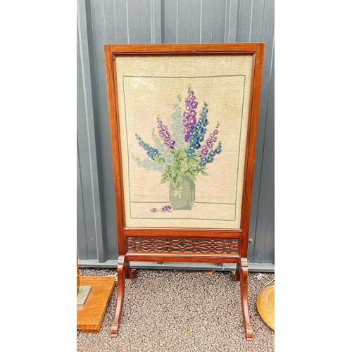 91 - Antique wood chair, vintage floor lamp, and tapestry fire screen. Fire screen features floral cross-... 