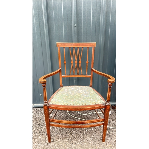 91 - Antique wood chair, vintage floor lamp, and tapestry fire screen. Fire screen features floral cross-... 