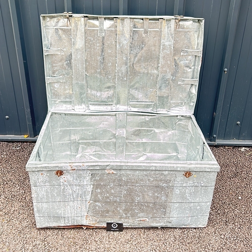 197 - Very Large Galvanized metal storage trunk with latches features weathered patina and secure closures... 