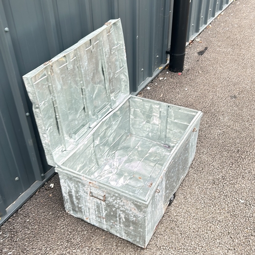 197 - Very Large Galvanized metal storage trunk with latches features weathered patina and secure closures... 