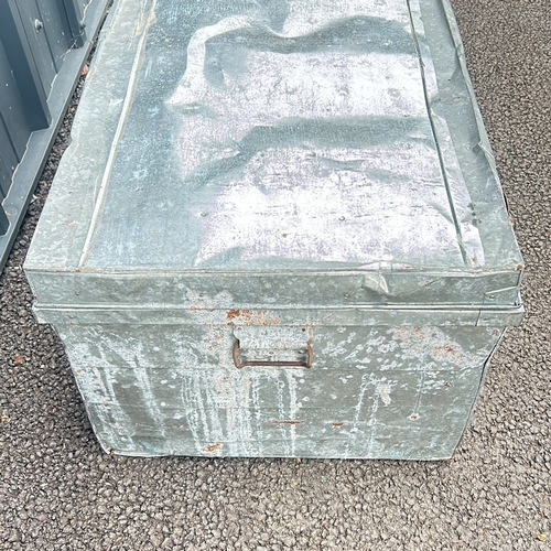 197 - Very Large Galvanized metal storage trunk with latches features weathered patina and secure closures... 