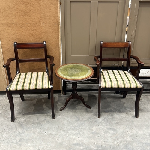 93 - Pair of Regency-style mahogany armchairs with striped upholstery and a circular tripod side table wi... 