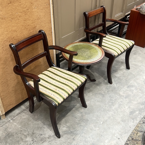 93 - Pair of Regency-style mahogany armchairs with striped upholstery and a circular tripod side table wi... 