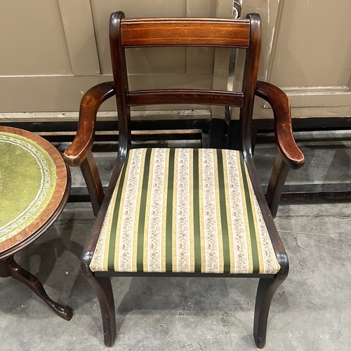 93 - Pair of Regency-style mahogany armchairs with striped upholstery and a circular tripod side table wi... 