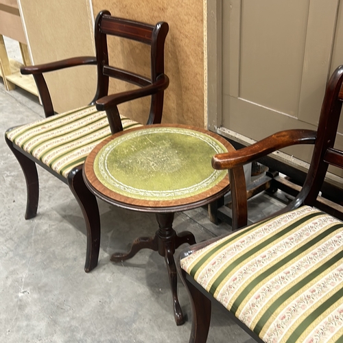 93 - Pair of Regency-style mahogany armchairs with striped upholstery and a circular tripod side table wi... 