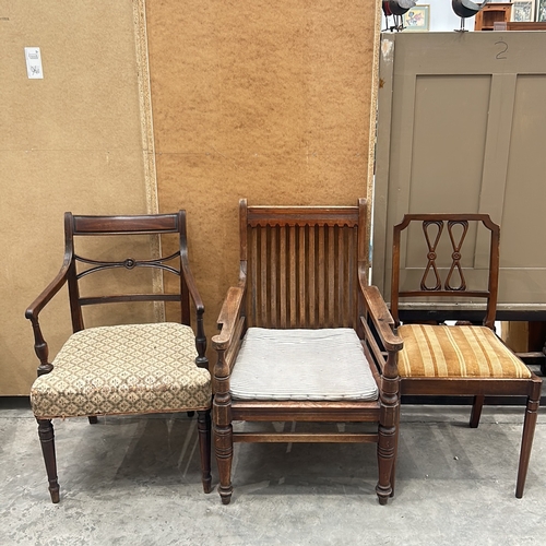 95 - Set of three vintage wooden chairs feature turned legs and distinctive back designs.