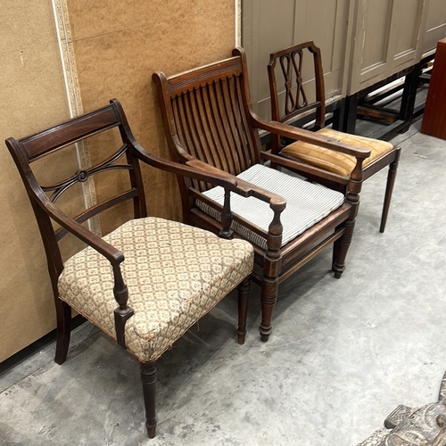 95 - Set of three vintage wooden chairs feature turned legs and distinctive back designs.