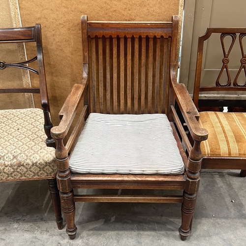 95 - Set of three vintage wooden chairs feature turned legs and distinctive back designs.