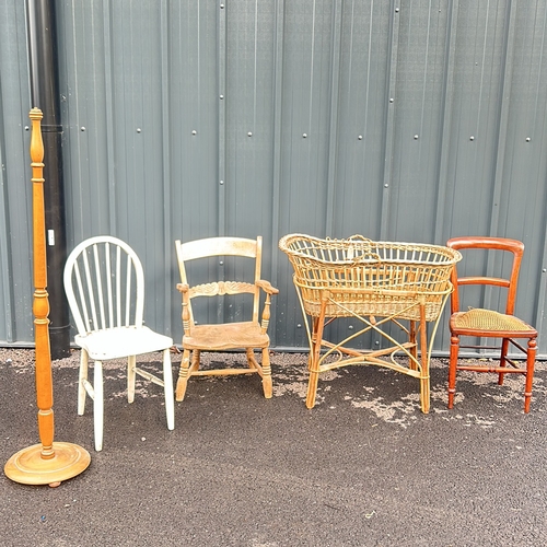 96 - 3 wooden pine chairs, one painted white, accompanied by a turned wood floor lamp with a round base a... 