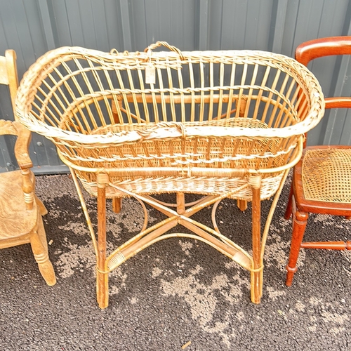 96 - 3 wooden pine chairs, one painted white, accompanied by a turned wood floor lamp with a round base a... 