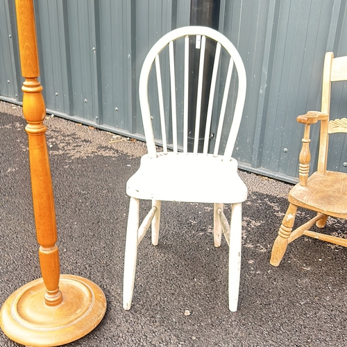 96 - 3 wooden pine chairs, one painted white, accompanied by a turned wood floor lamp with a round base a... 