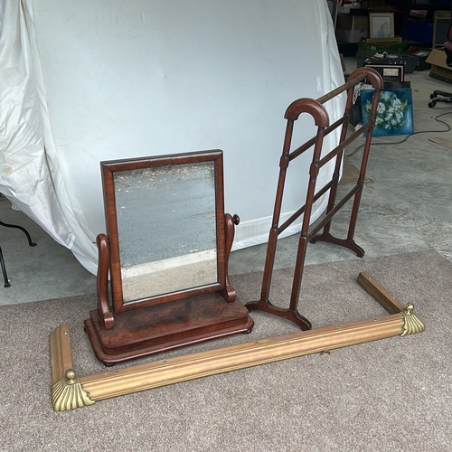 108 - Victorian mahogany dressing table mirror with tilting feature, accompanied by a wooden towel rack an... 