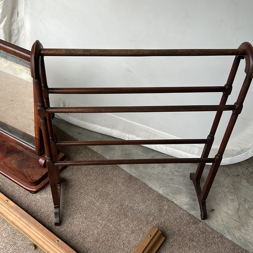 108 - Victorian mahogany dressing table mirror with tilting feature, accompanied by a wooden towel rack an... 