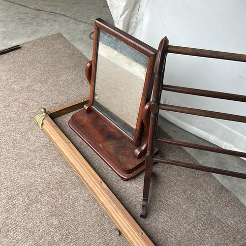 108 - Victorian mahogany dressing table mirror with tilting feature, accompanied by a wooden towel rack an... 