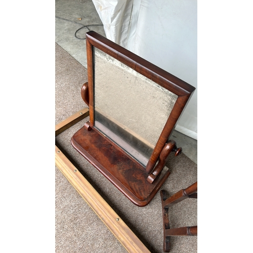 108 - Victorian mahogany dressing table mirror with tilting feature, accompanied by a wooden towel rack an... 