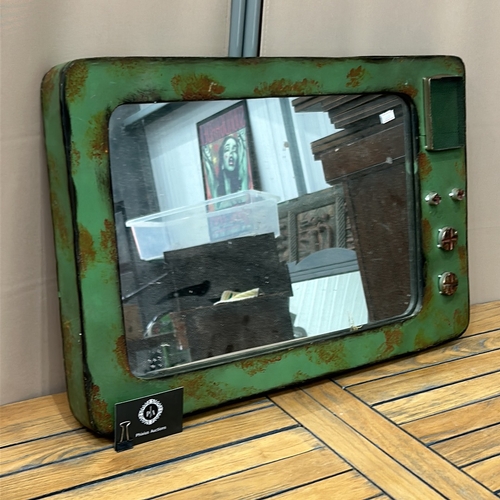 159 - Wall mirror with green metal frame, designed to resemble a vintage television.