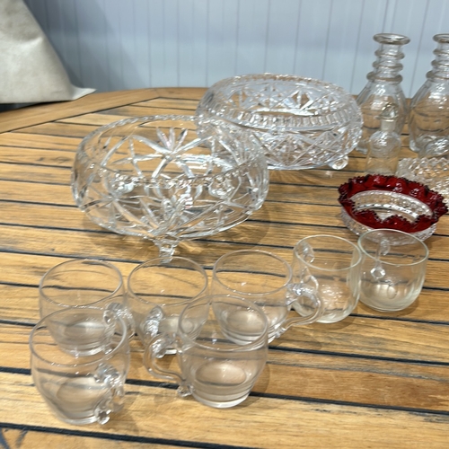 329 - a Pair of Georgian mushroom top, 3 ring Decanters with Set of clear and cut crystal glassware, featu... 