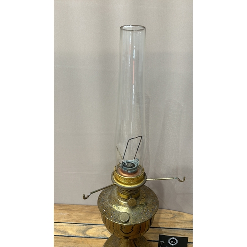 350 - Aladdin brass oil lamp with glass chimney and white glass shade, Model 23.