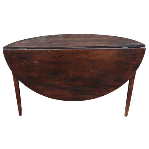 147 - Mahogany 19thC Drop leaf, demi-lune gateleg table 122cm diameter x 74cm tall. On tapering square for... 