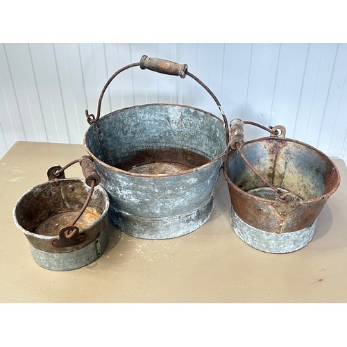 56 - 3 small galvanised metal buckets/planters. Approx dimension of largest